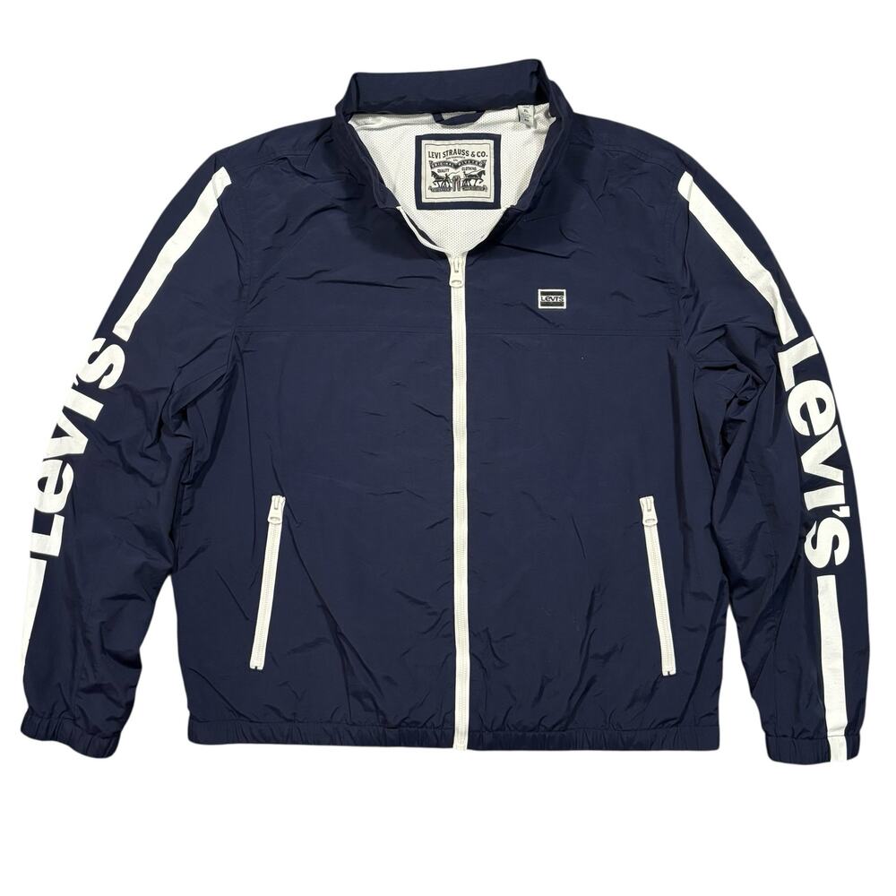 Levi's Retro Navy White Logo Stripe Sleeves Full Zip Windbreaker Jacket Mens XL